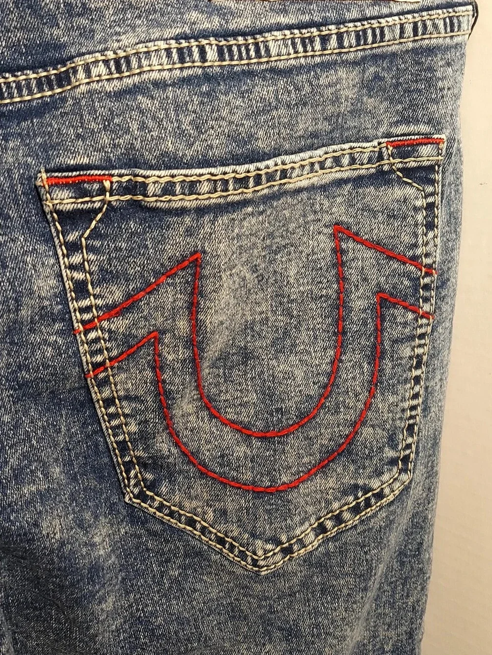 True Religion Ricky Big T Relaxed Straight Jeans 33x33 No Pocket Flap Acid Wash